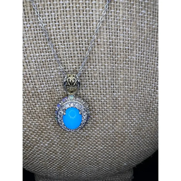 New Opal and turquoise halo pendant and chain necklace - Picture 3 of 11
